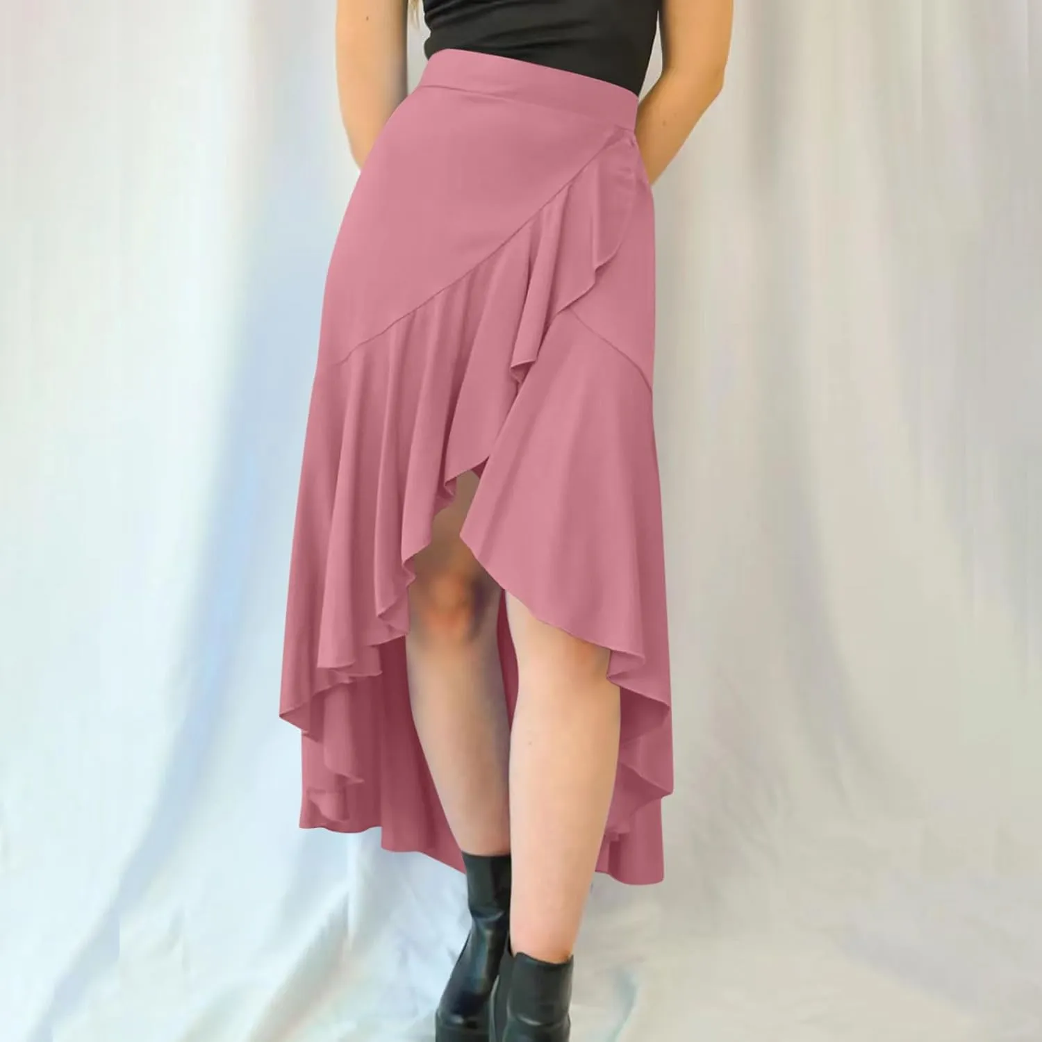 Skirts for Women High Waist Front Asymmetrical Ruffle Skirt Streetwear Flowy Tiered A-Line Pleated Ice Silk Skirts