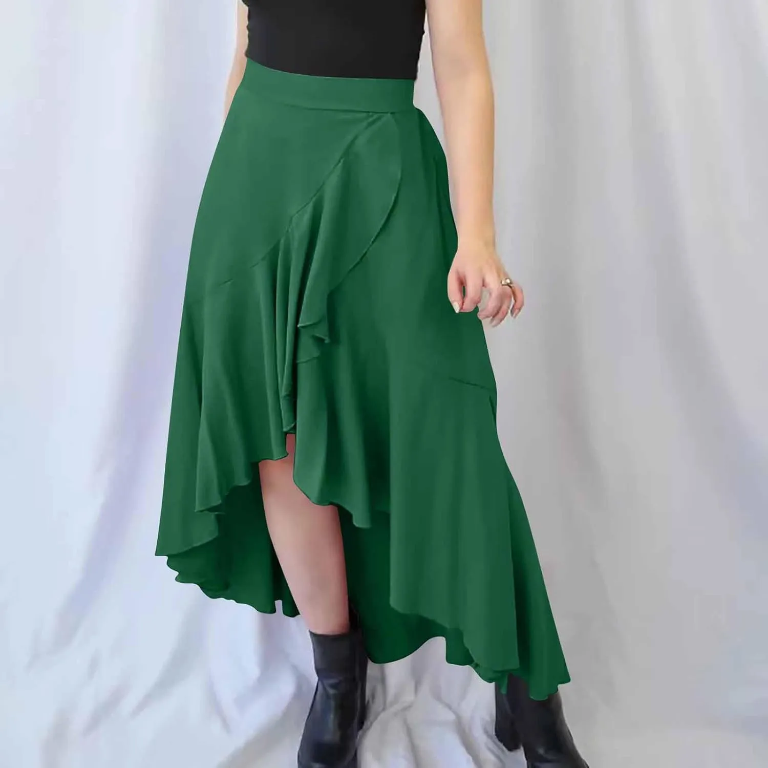 Skirts for Women High Waist Front Asymmetrical Ruffle Skirt Streetwear Flowy Tiered A-Line Pleated Ice Silk Skirts