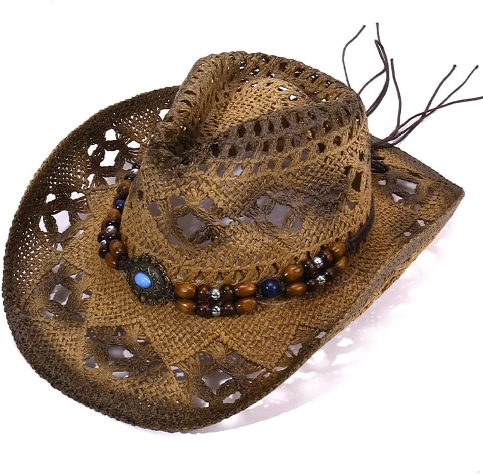 Straw Cowboy Cowgirl Hat for Men Women, Wide Brim Hollow Breathable Sun Hat with Beaded Trim Band Western Khaki