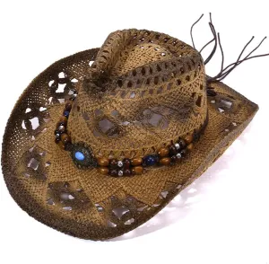 Straw Cowboy Cowgirl Hat for Men Women, Wide Brim Hollow Breathable Sun Hat with Beaded Trim Band Western Khaki