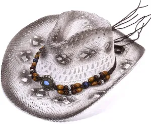 Straw Cowboy Cowgirl Hat for Men Women, Wide Brim Hollow Breathable Sun Hat with Beaded Trim Band Western White