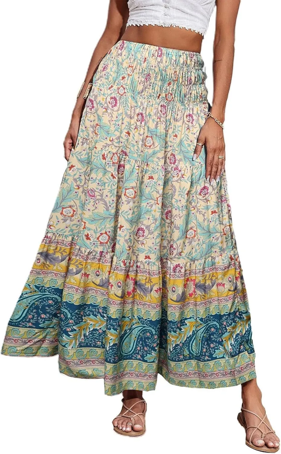 Summer Skirts for Women Maxi Skirt Plus Size Drawstring Elastic Pleated Layered Tiered A Line Skirt Cute Skirts Long