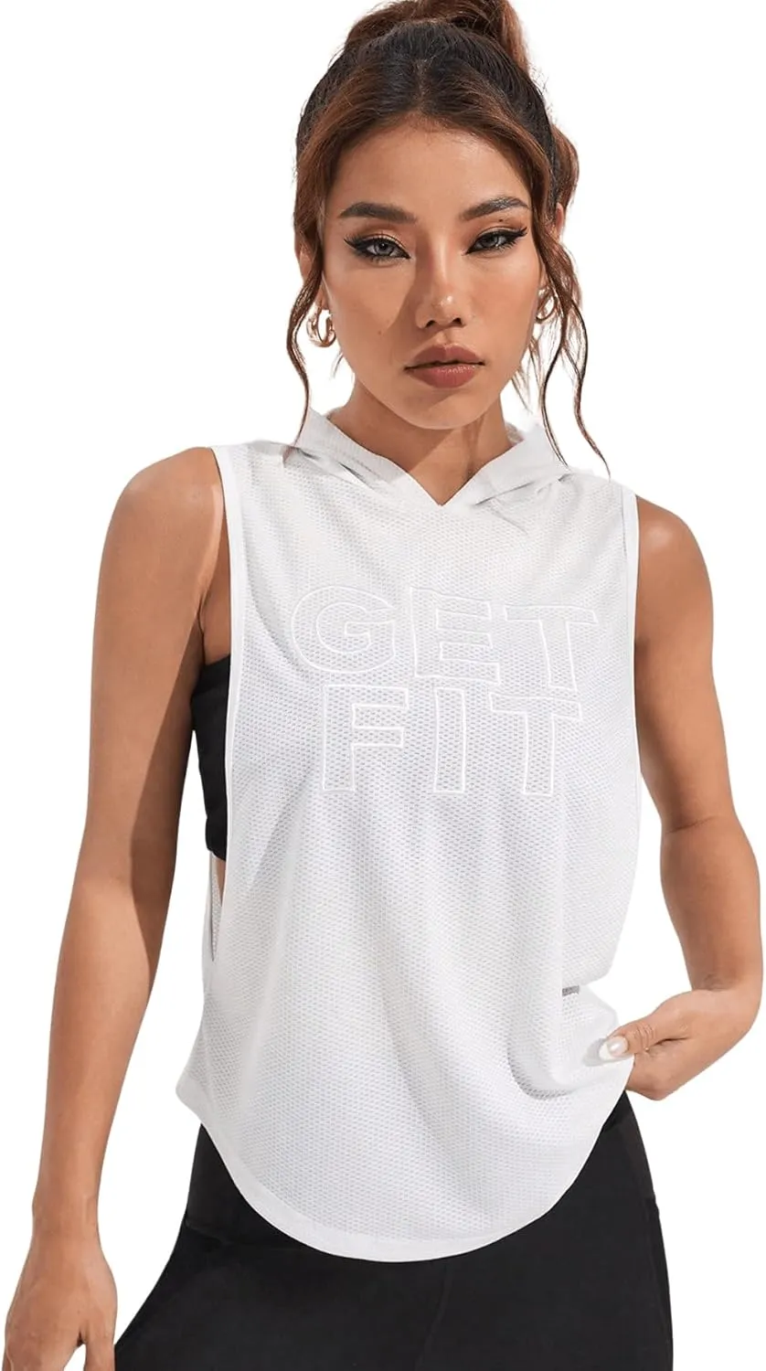 SweatyRocks Women's Activewear Letter Embroidered Sleeveless Hooded Sports Tank Top Sweatshirt
