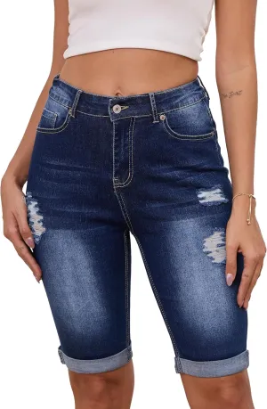 Sweezarmo Womens Summer Bermuda Shorts Distressed Denim Jean Distressed Elastic Waist Denim Short