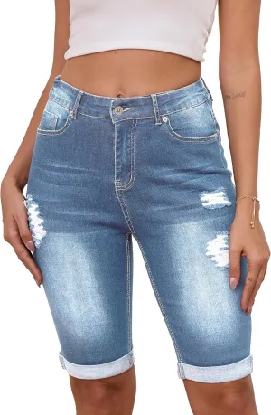 Sweezarmo Womens Summer Bermuda Shorts Distressed Denim Jean Distressed Elastic Waist Denim Short