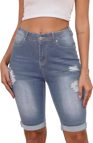 Sweezarmo Womens Summer Bermuda Shorts Distressed Denim Jean Distressed Elastic Waist Denim Short