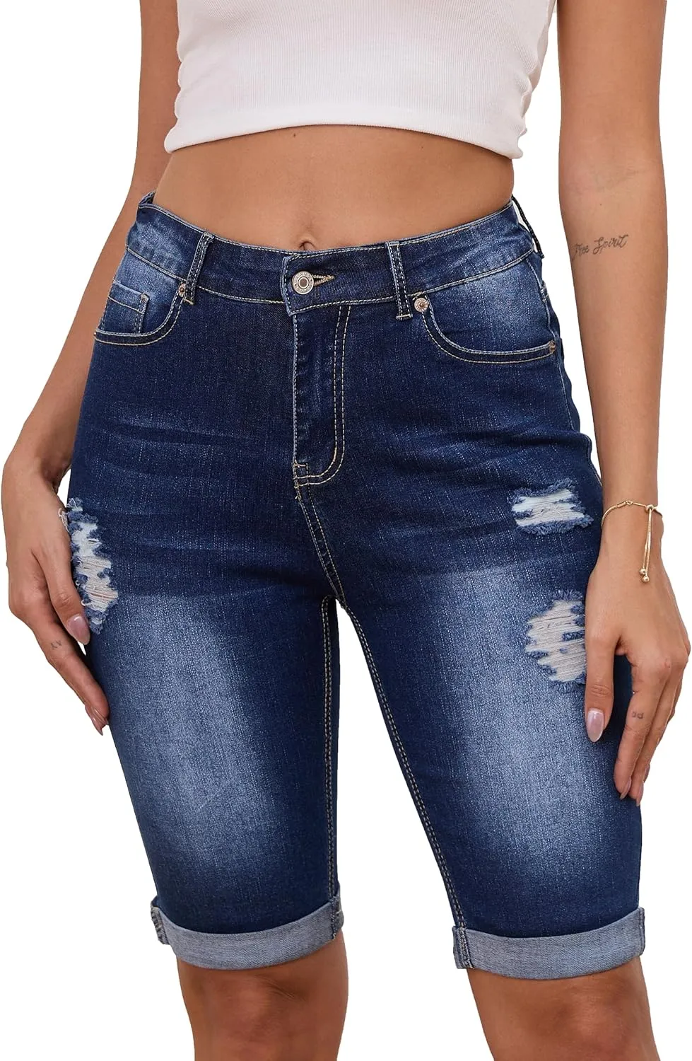 Sweezarmo Womens Summer Bermuda Shorts Distressed Denim Jean Distressed Elastic Waist Denim Short