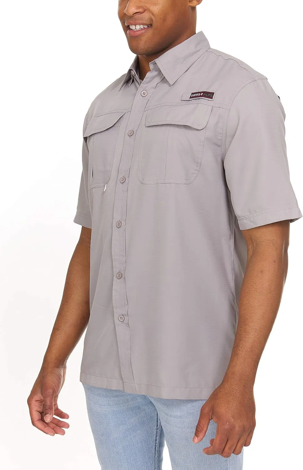Swiss Alps Mens Short Sleeve Button Down Sun Protection UPF 30 Shirt Quick Dry Cooling Fishing Shirts Casual Summer Tops