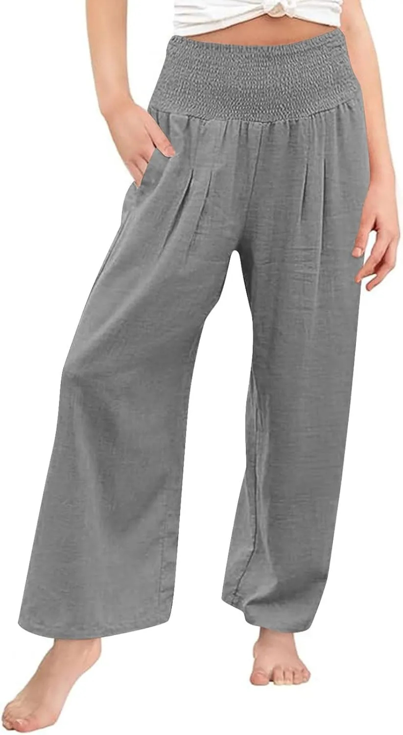Teen Kids Girls Cotton Linen Palazzo Pants High Waist Casual Wide Leg Pant Beach Travel Resort Trousers
