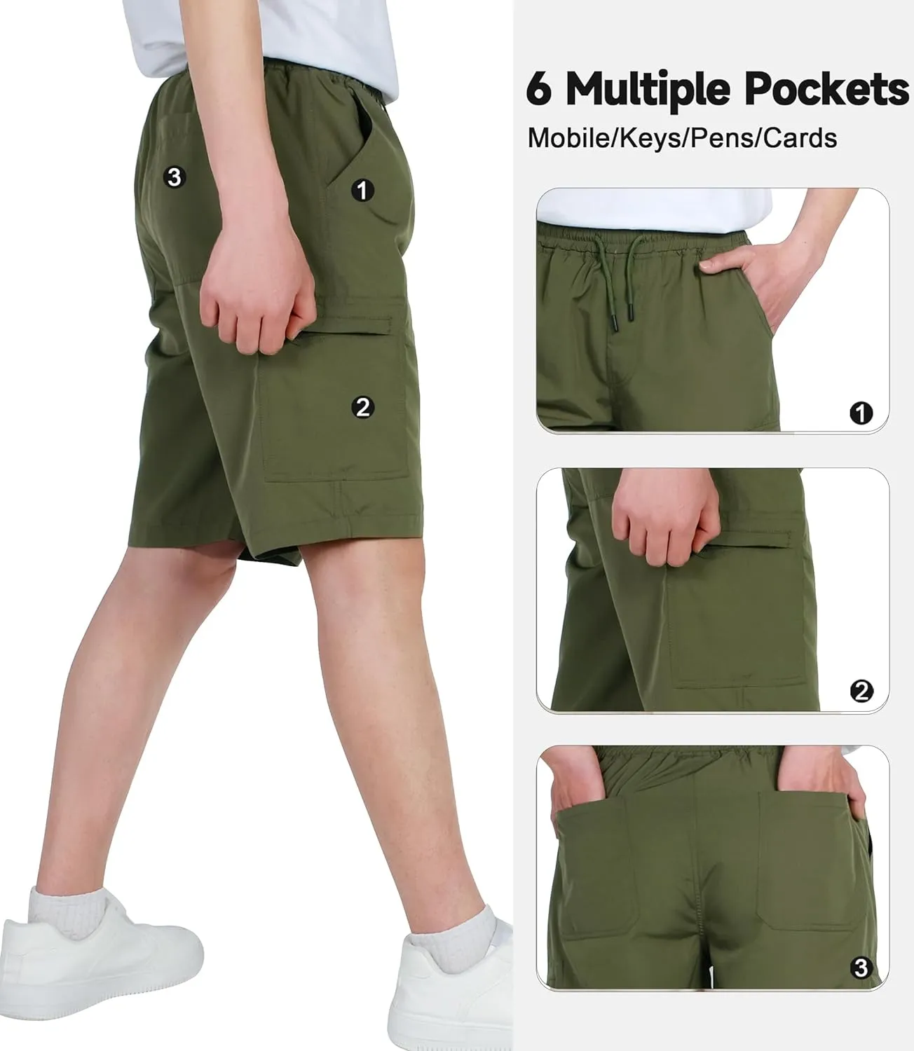 TLAENSON Boys Lightweight Cargo Shorts Youth Drawstring Quick Dry Shorts Kids Hiking Short with Zipper Pockets