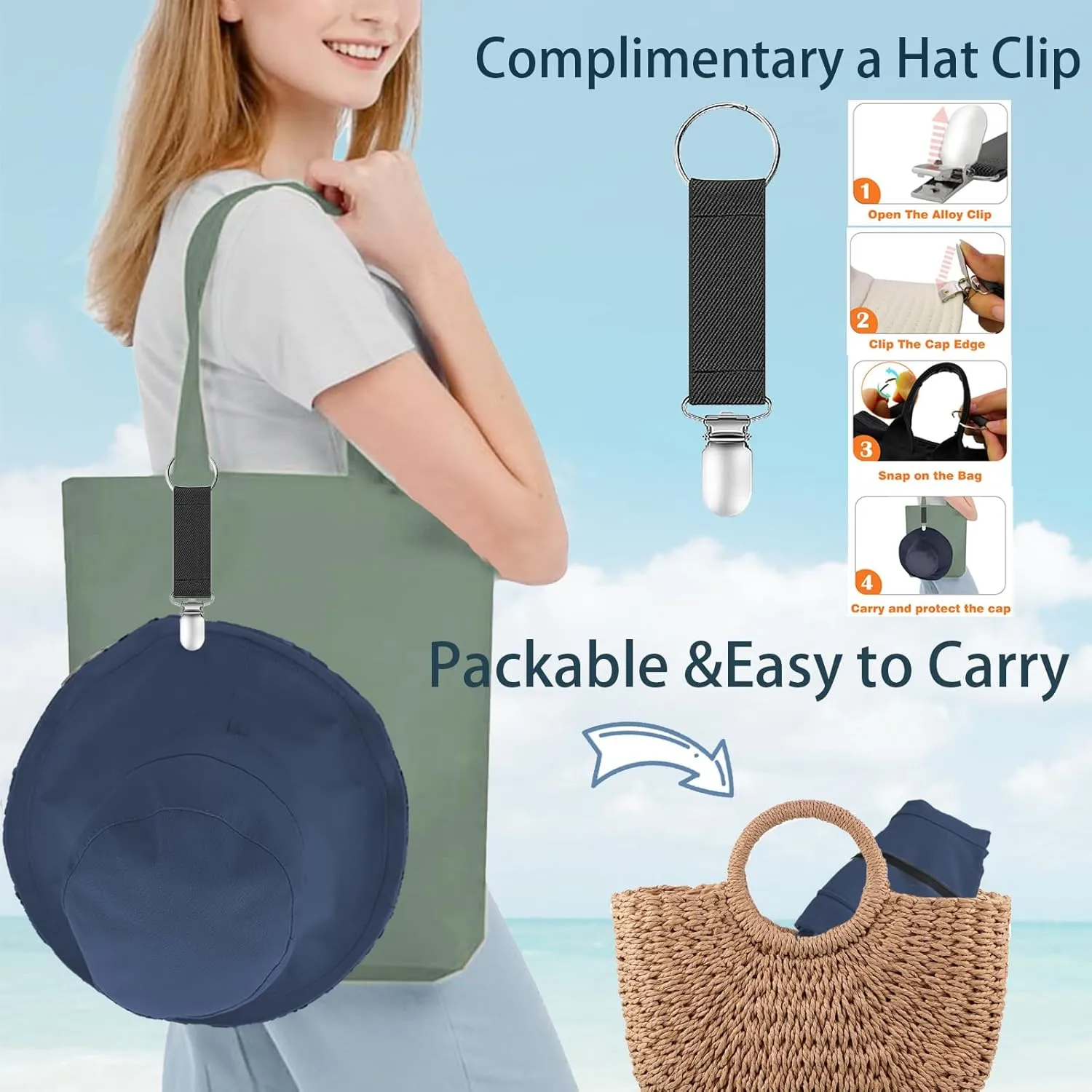 vidsel Womens Sun Hats Wide Brim Reversible Bucket Cotton Hat Packable Summer Travel Cap with Hat Clip,UV Protection