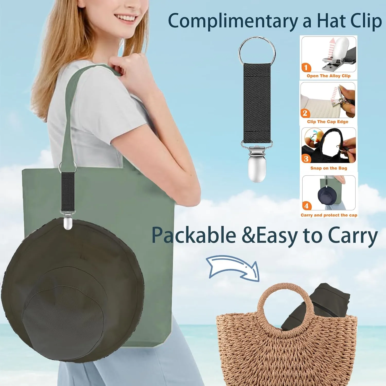 vidsel Womens Sun Hats Wide Brim Reversible Bucket Cotton Hat Packable Summer Travel Cap with Hat Clip,UV Protection
