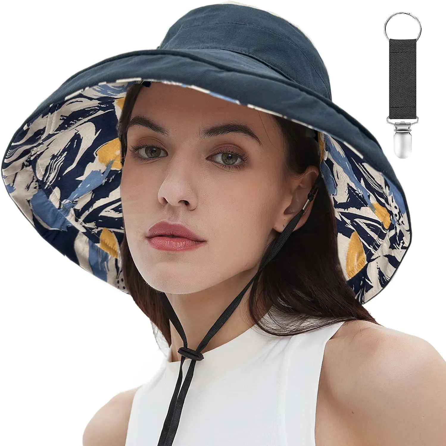 vidsel Womens Sun Hats Wide Brim Reversible Bucket Cotton Hat Packable Summer Travel Cap with Hat Clip,UV Protection