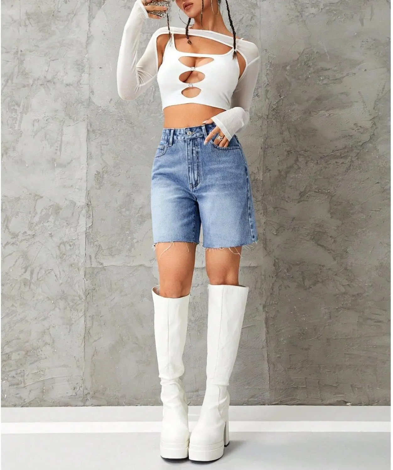 watersouprty Women High Waisted Jean Shorts Summer Baggy Stretchy Straight Leg Raw Hem Denim Shorts