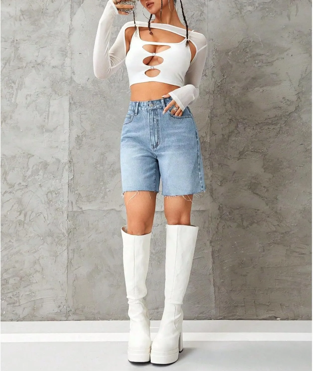 watersouprty Women High Waisted Jean Shorts Summer Baggy Stretchy Straight Leg Raw Hem Denim Shorts