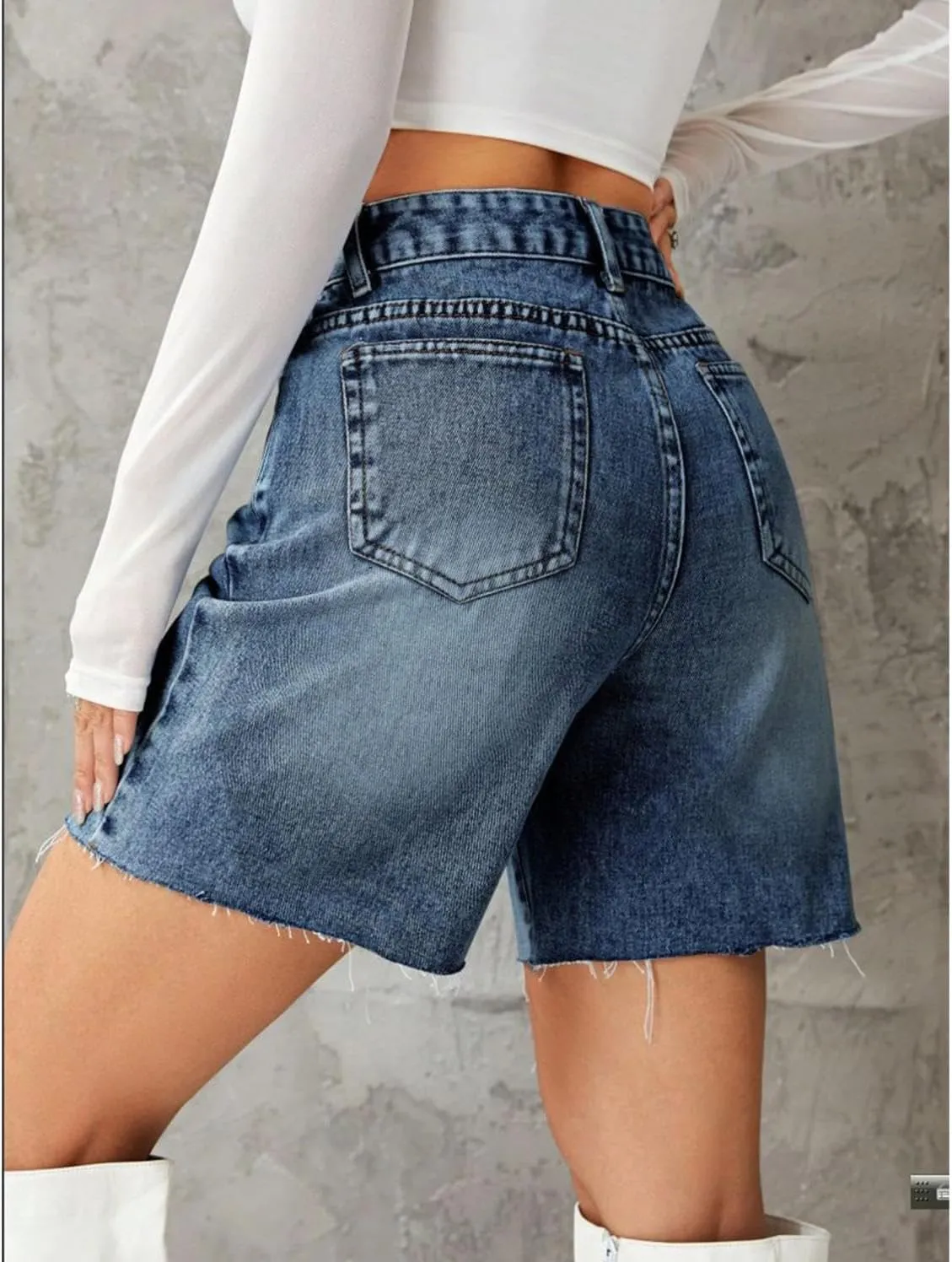 watersouprty Women High Waisted Jean Shorts Summer Baggy Stretchy Straight Leg Raw Hem Denim Shorts
