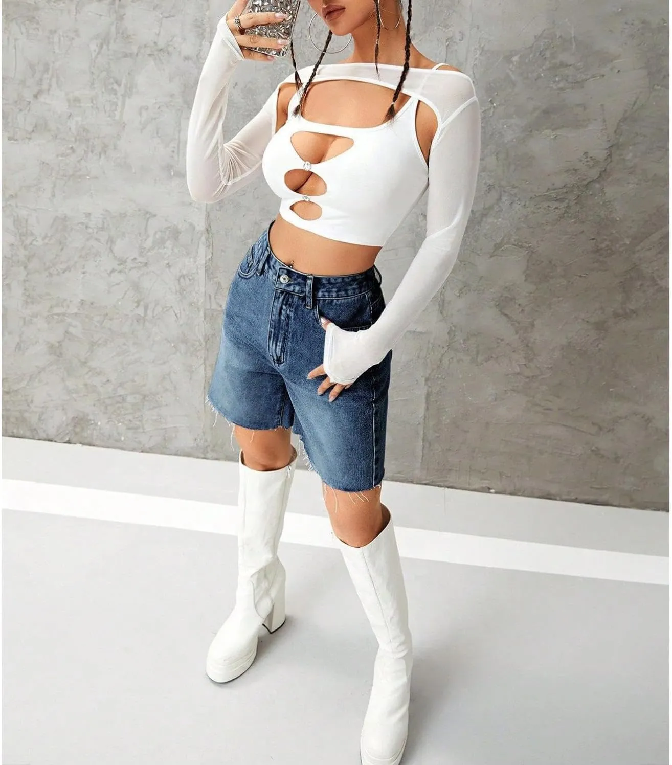 watersouprty Women High Waisted Jean Shorts Summer Baggy Stretchy Straight Leg Raw Hem Denim Shorts