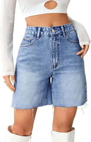 watersouprty Women High Waisted Jean Shorts Summer Baggy Stretchy Straight Leg Raw Hem Denim Shorts