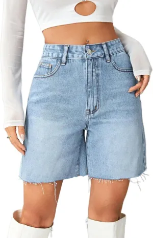 watersouprty Women High Waisted Jean Shorts Summer Baggy Stretchy Straight Leg Raw Hem Denim Shorts