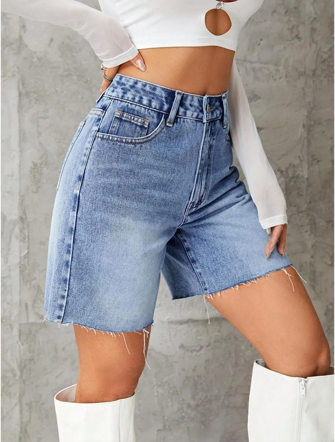 watersouprty Women High Waisted Jean Shorts Summer Baggy Stretchy Straight Leg Raw Hem Denim Shorts