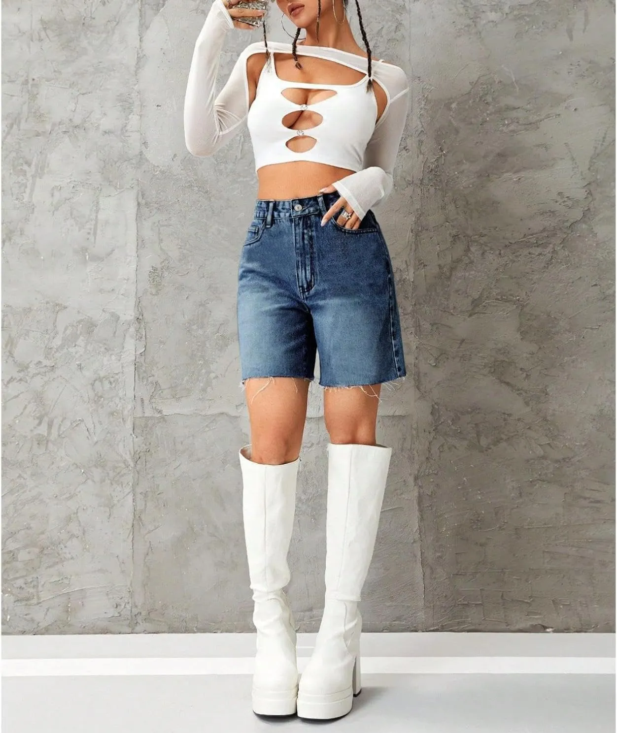 watersouprty Women High Waisted Jean Shorts Summer Baggy Stretchy Straight Leg Raw Hem Denim Shorts