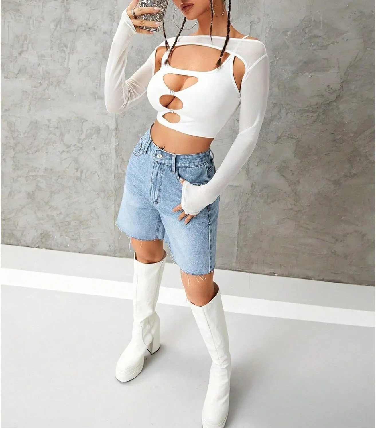 watersouprty Women High Waisted Jean Shorts Summer Baggy Stretchy Straight Leg Raw Hem Denim Shorts