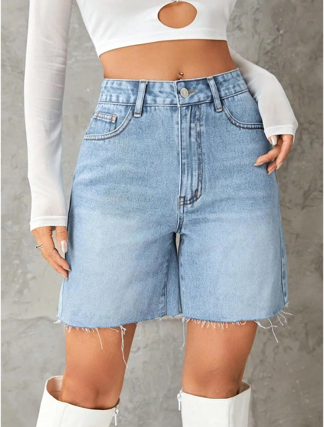 watersouprty Women High Waisted Jean Shorts Summer Baggy Stretchy Straight Leg Raw Hem Denim Shorts