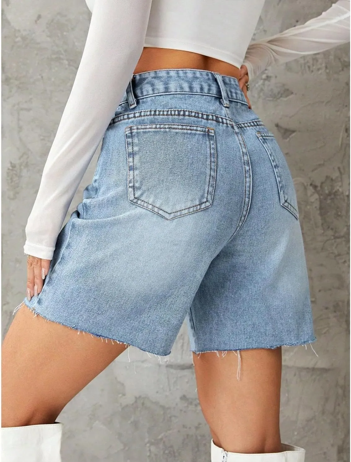 watersouprty Women High Waisted Jean Shorts Summer Baggy Stretchy Straight Leg Raw Hem Denim Shorts