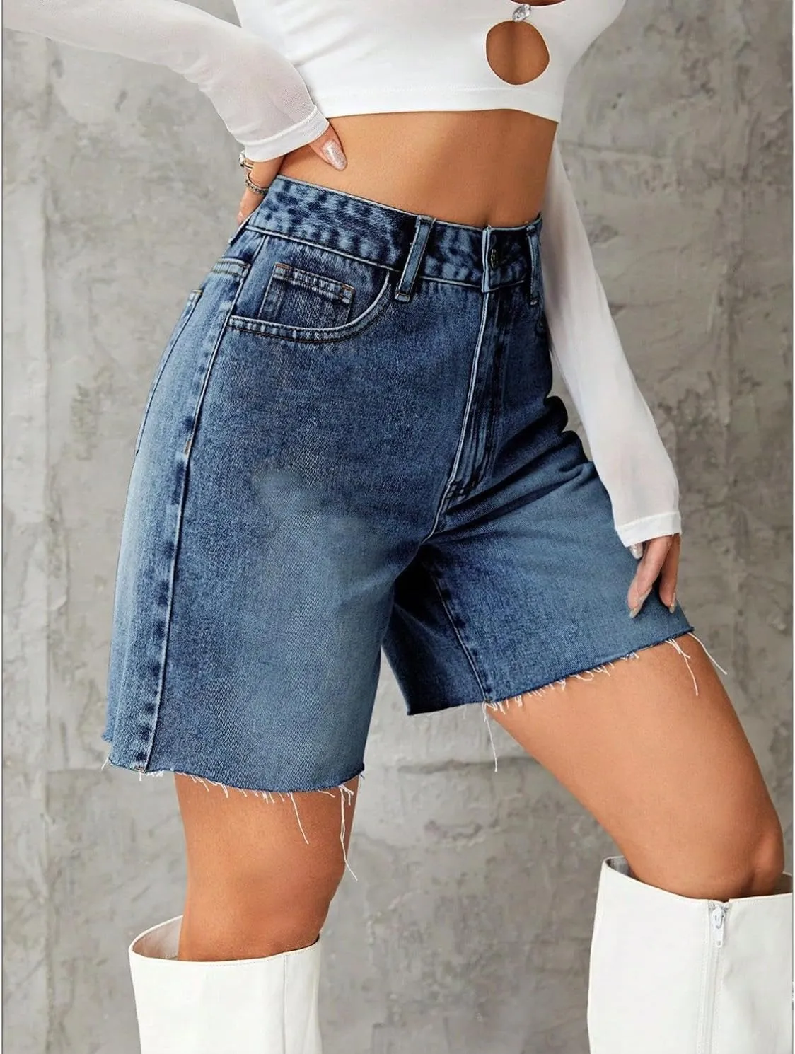watersouprty Women High Waisted Jean Shorts Summer Baggy Stretchy Straight Leg Raw Hem Denim Shorts