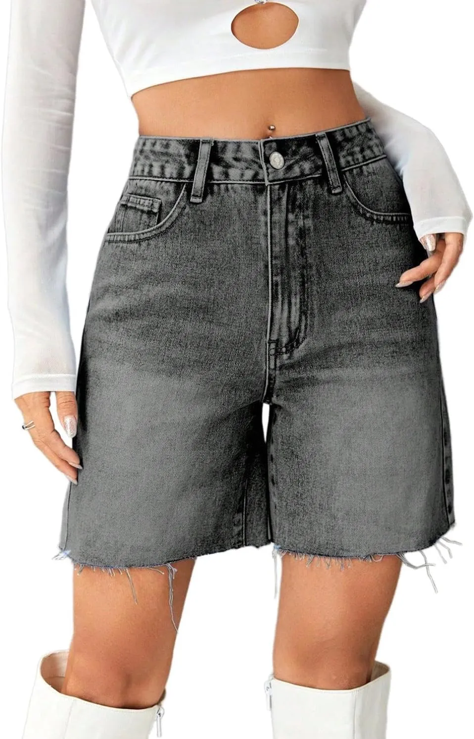 watersouprty Women High Waisted Jean Shorts Summer Baggy Stretchy Straight Leg Raw Hem Denim Shorts