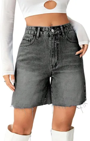 watersouprty Women High Waisted Jean Shorts Summer Baggy Stretchy Straight Leg Raw Hem Denim Shorts