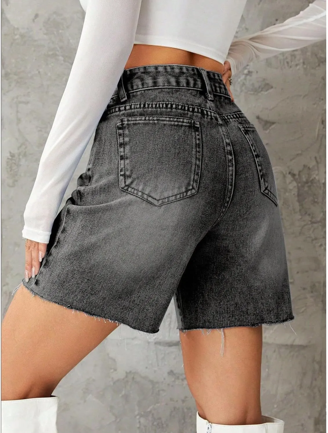 watersouprty Women High Waisted Jean Shorts Summer Baggy Stretchy Straight Leg Raw Hem Denim Shorts