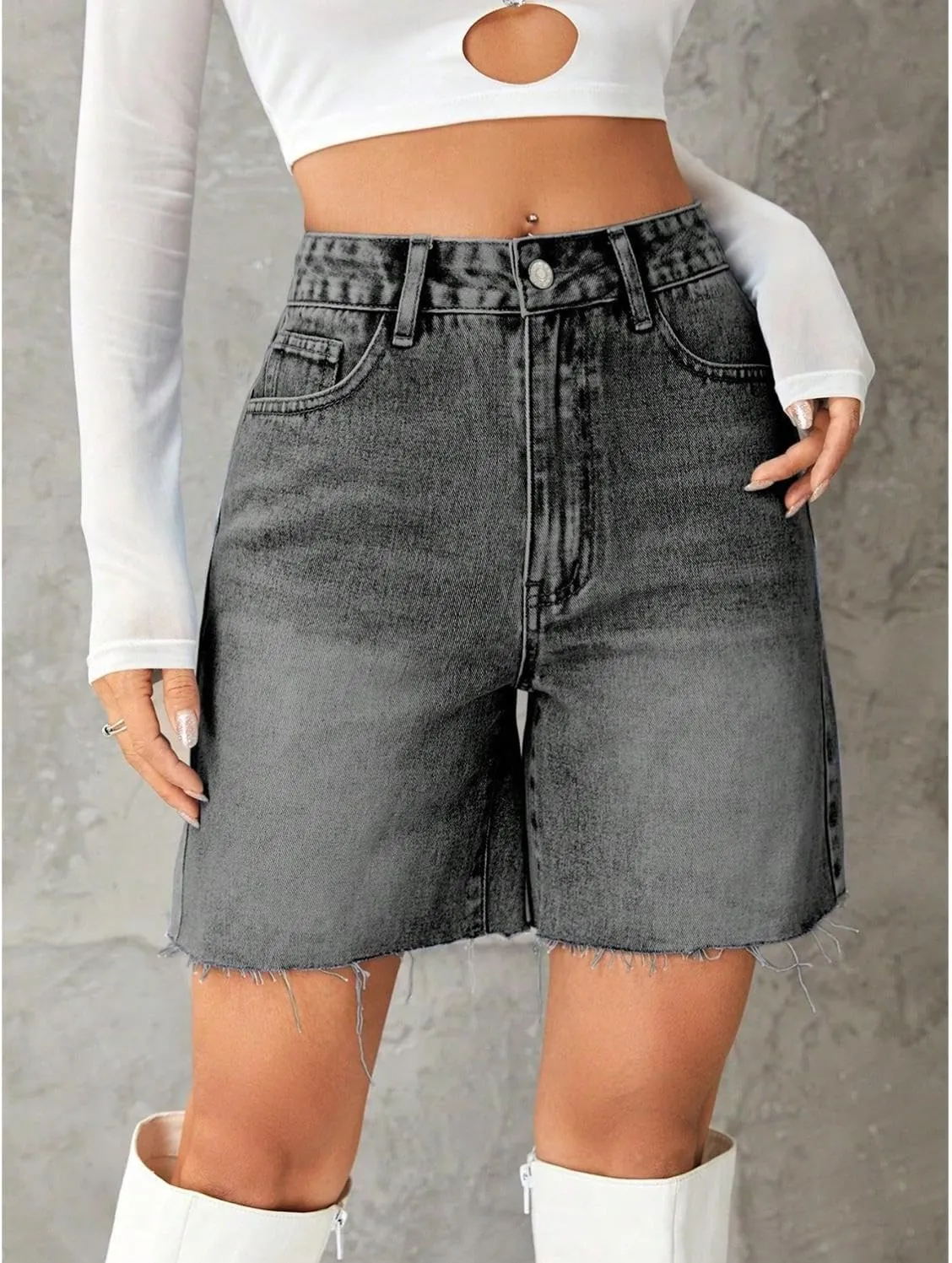 watersouprty Women High Waisted Jean Shorts Summer Baggy Stretchy Straight Leg Raw Hem Denim Shorts