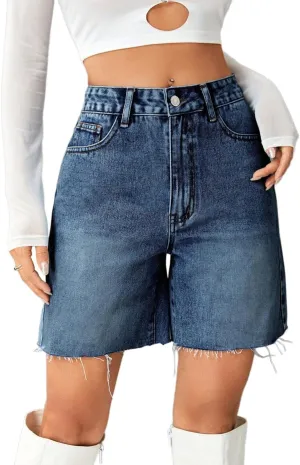 watersouprty Women High Waisted Jean Shorts Summer Baggy Stretchy Straight Leg Raw Hem Denim Shorts