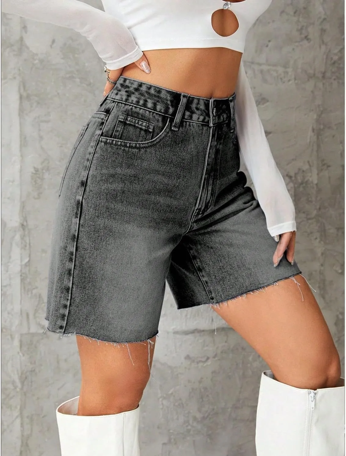watersouprty Women High Waisted Jean Shorts Summer Baggy Stretchy Straight Leg Raw Hem Denim Shorts