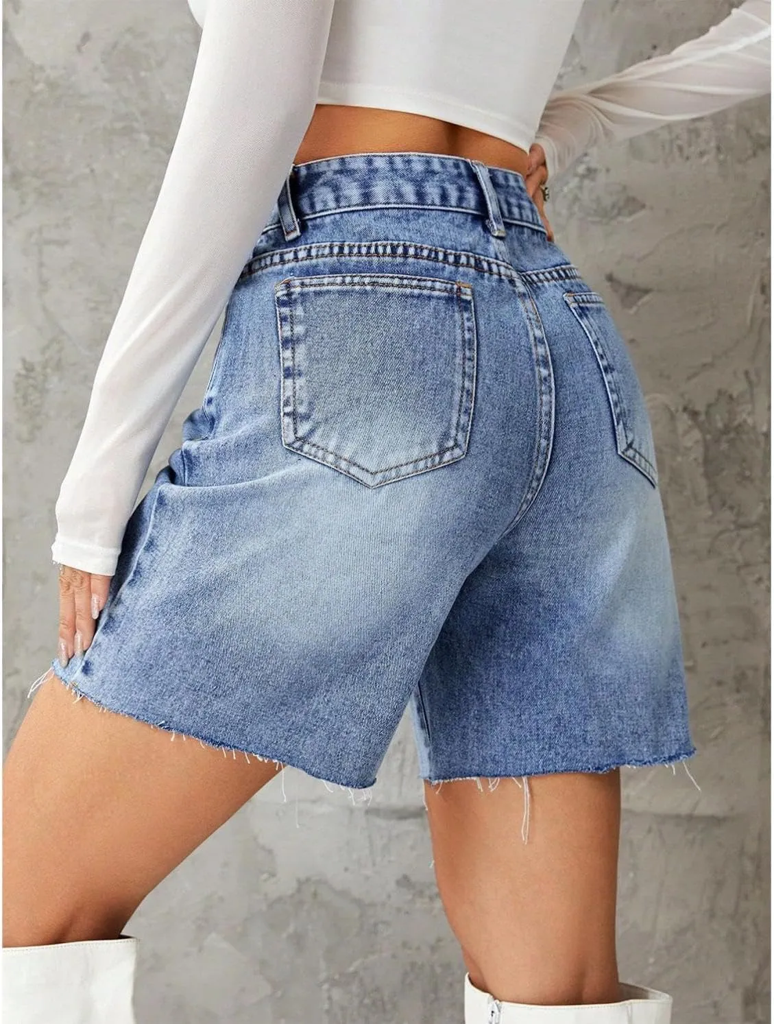 watersouprty Women High Waisted Jean Shorts Summer Baggy Stretchy Straight Leg Raw Hem Denim Shorts