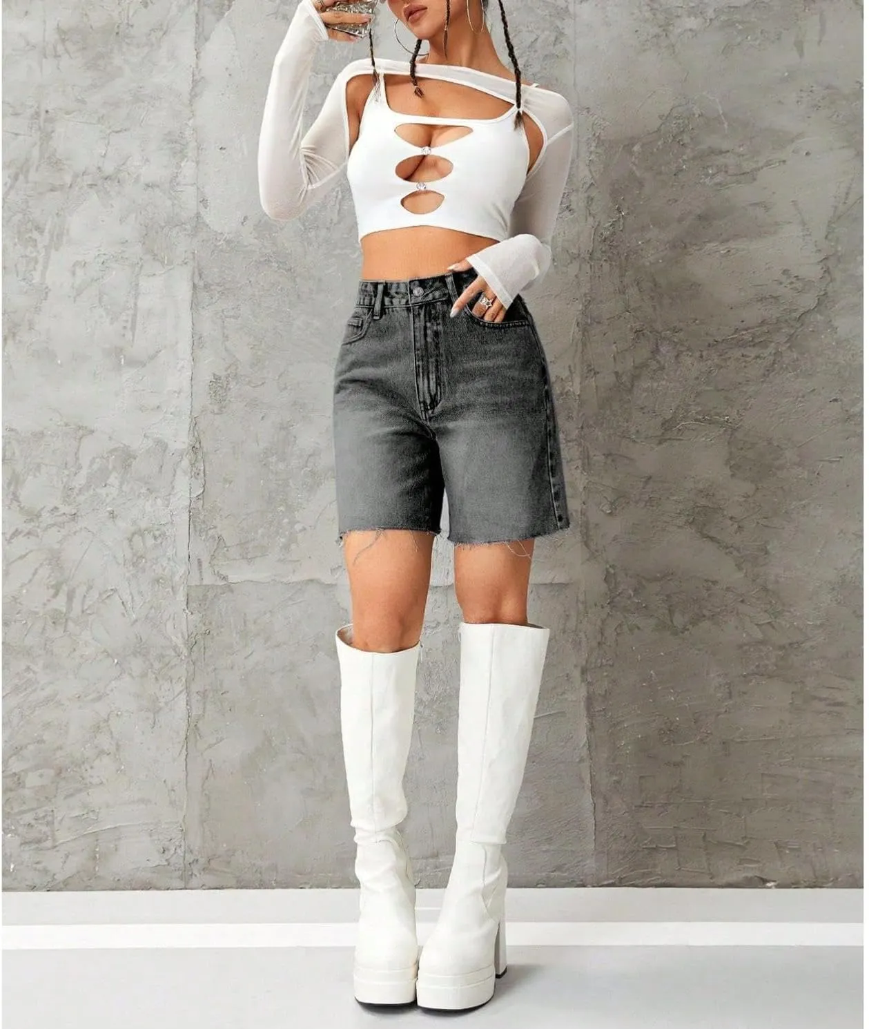 watersouprty Women High Waisted Jean Shorts Summer Baggy Stretchy Straight Leg Raw Hem Denim Shorts