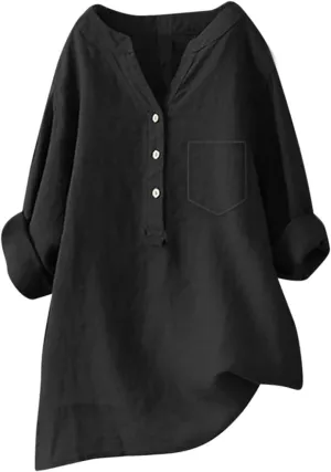 Women Casual V Neck Stand Up Collar Button Cotton Shirts Long Sleeve Loose Fit Blouse Tunic Top with Pockets