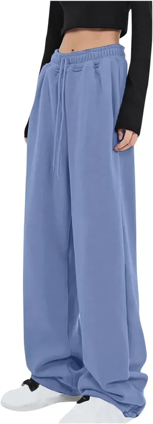 Women Drawstring Elastic High Waist Sweatpants Baggy Straight Wide Leg Joggers Loose Comfy Sweatpants