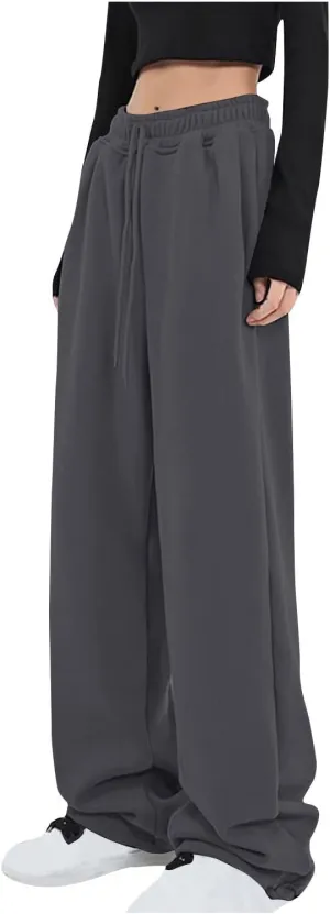 Women Drawstring Elastic High Waist Sweatpants Baggy Straight Wide Leg Joggers Loose Comfy Sweatpants