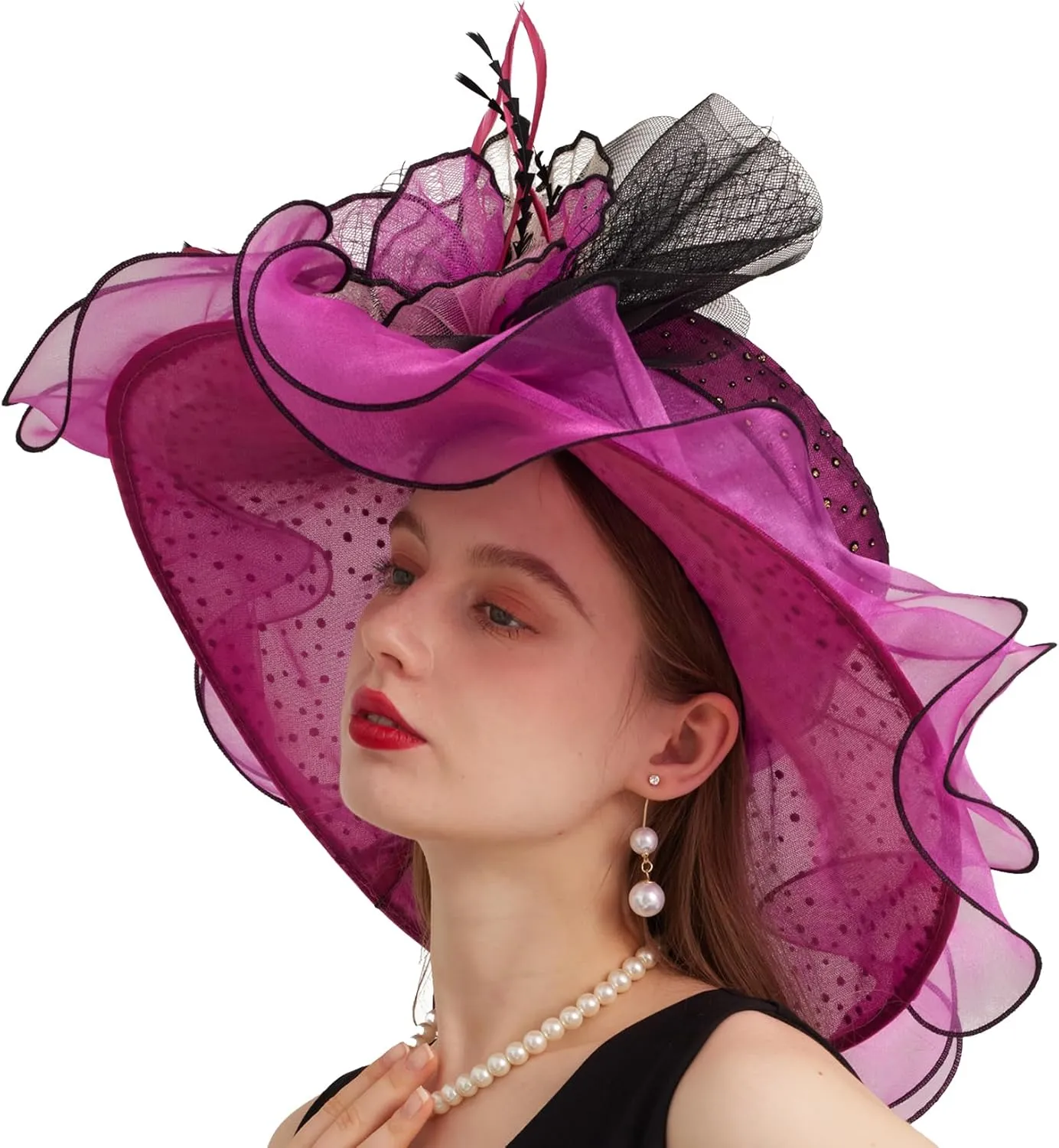 Women Elegant Organza Derby Hat Wide Brim Sun Hats for Wedding Tea Party Fascinator Hat
