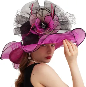 Women Elegant Organza Derby Hat Wide Brim Sun Hats for Wedding Tea Party Fascinator Hat
