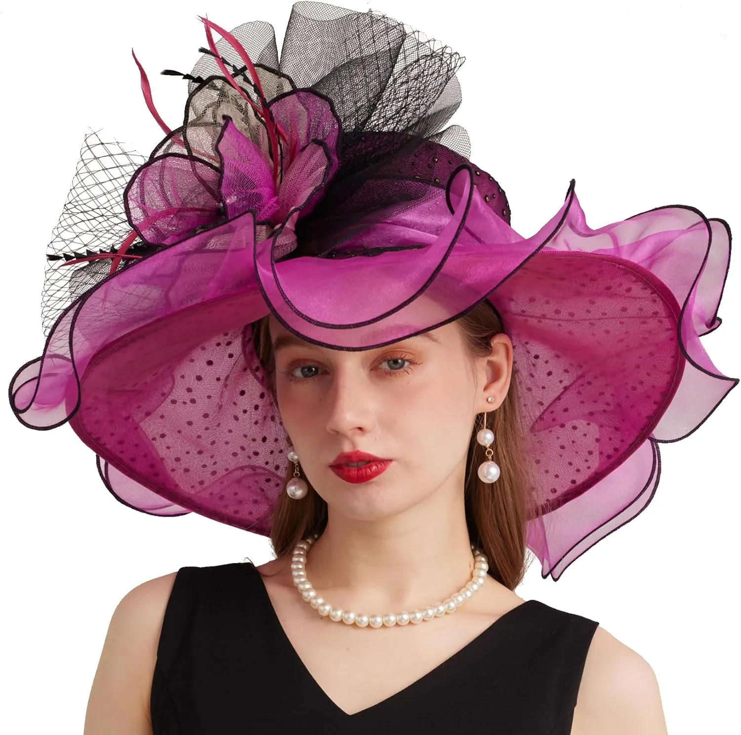 Women Elegant Organza Derby Hat Wide Brim Sun Hats for Wedding Tea Party Fascinator Hat