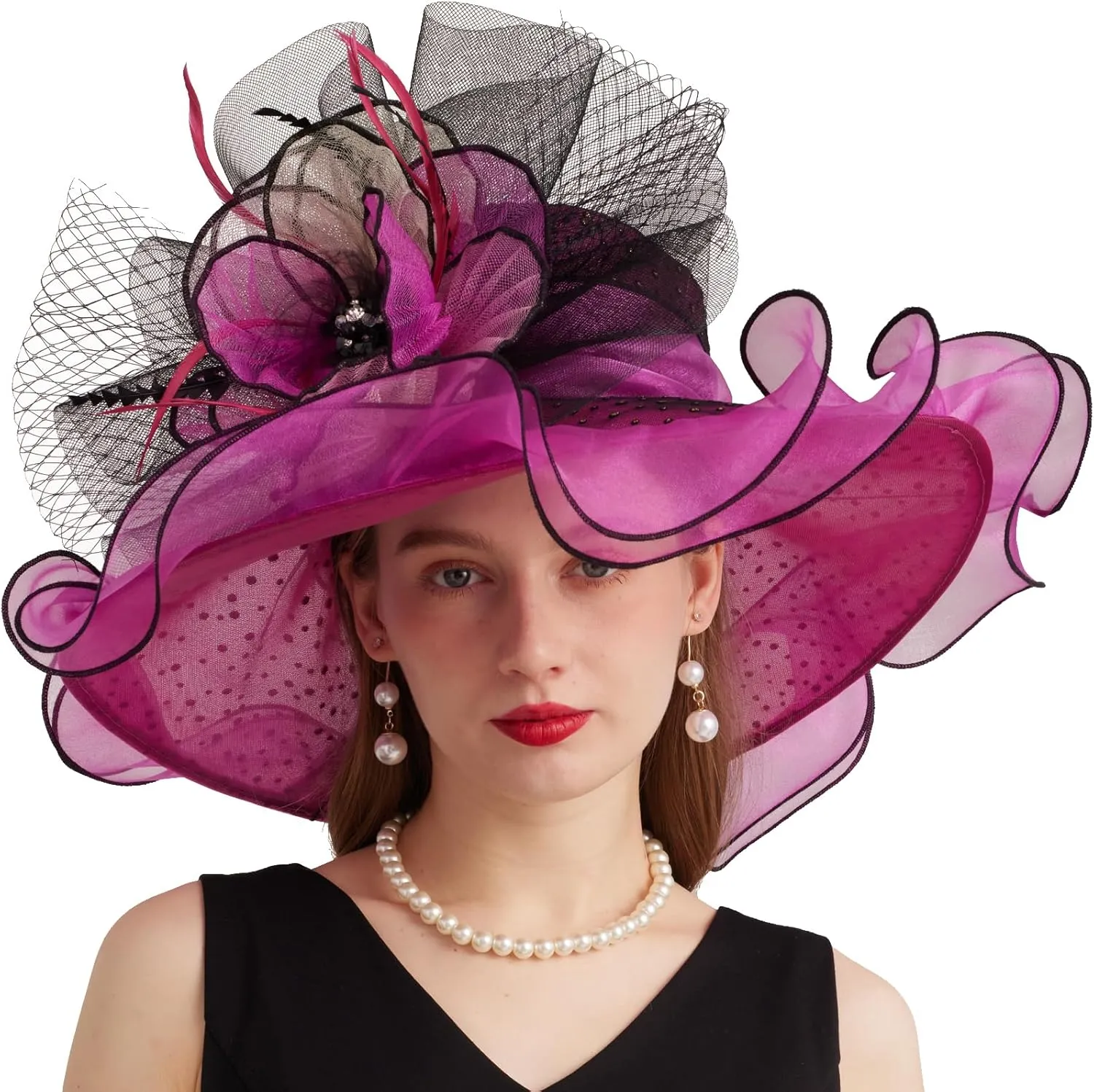 Women Elegant Organza Derby Hat Wide Brim Sun Hats for Wedding Tea Party Fascinator Hat