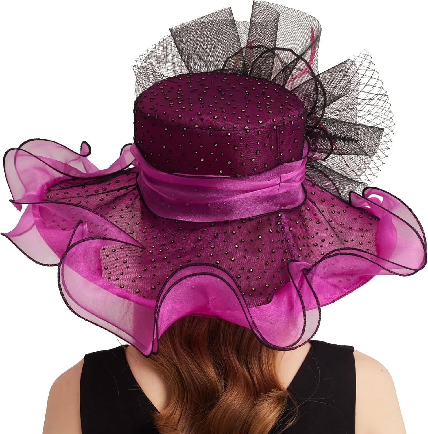 Women Elegant Organza Derby Hat Wide Brim Sun Hats for Wedding Tea Party Fascinator Hat