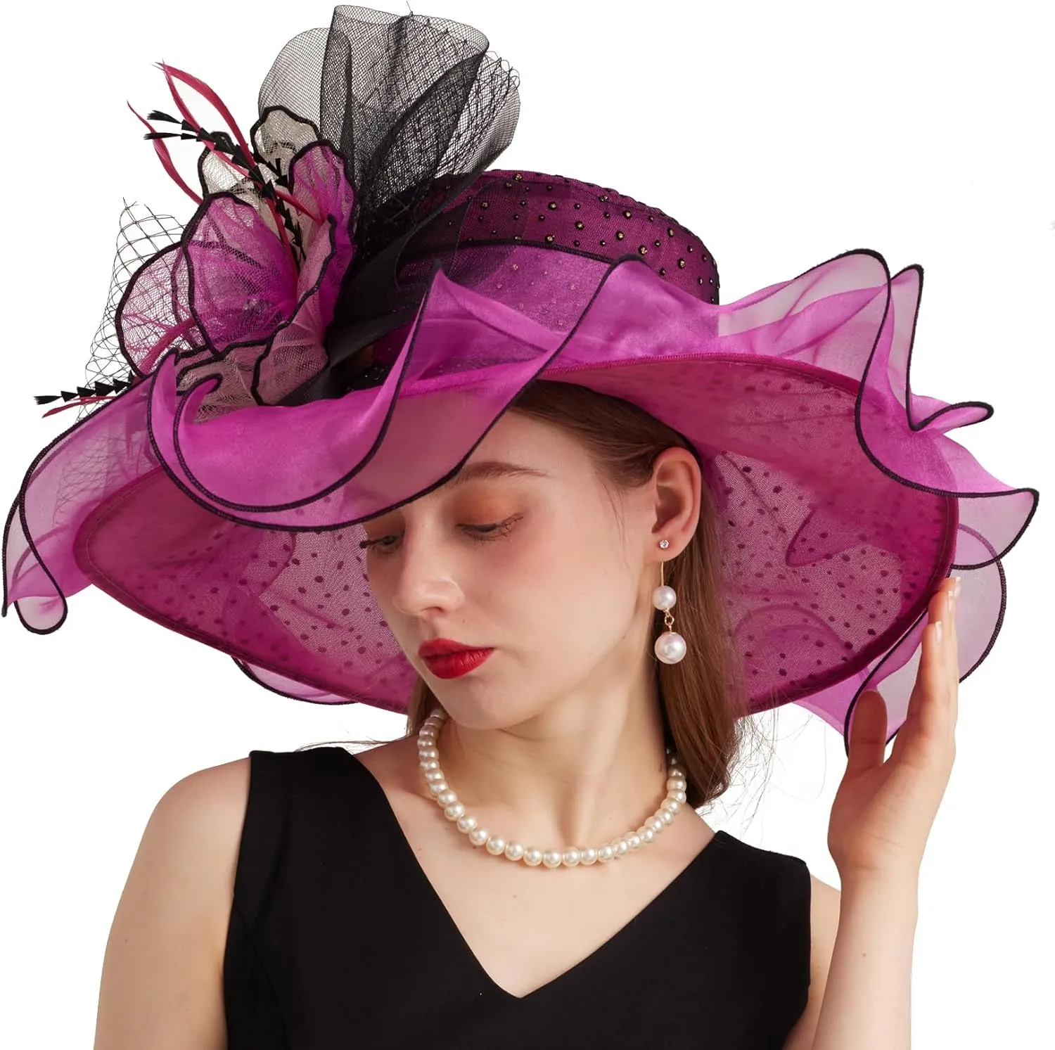 Women Elegant Organza Derby Hat Wide Brim Sun Hats for Wedding Tea Party Fascinator Hat
