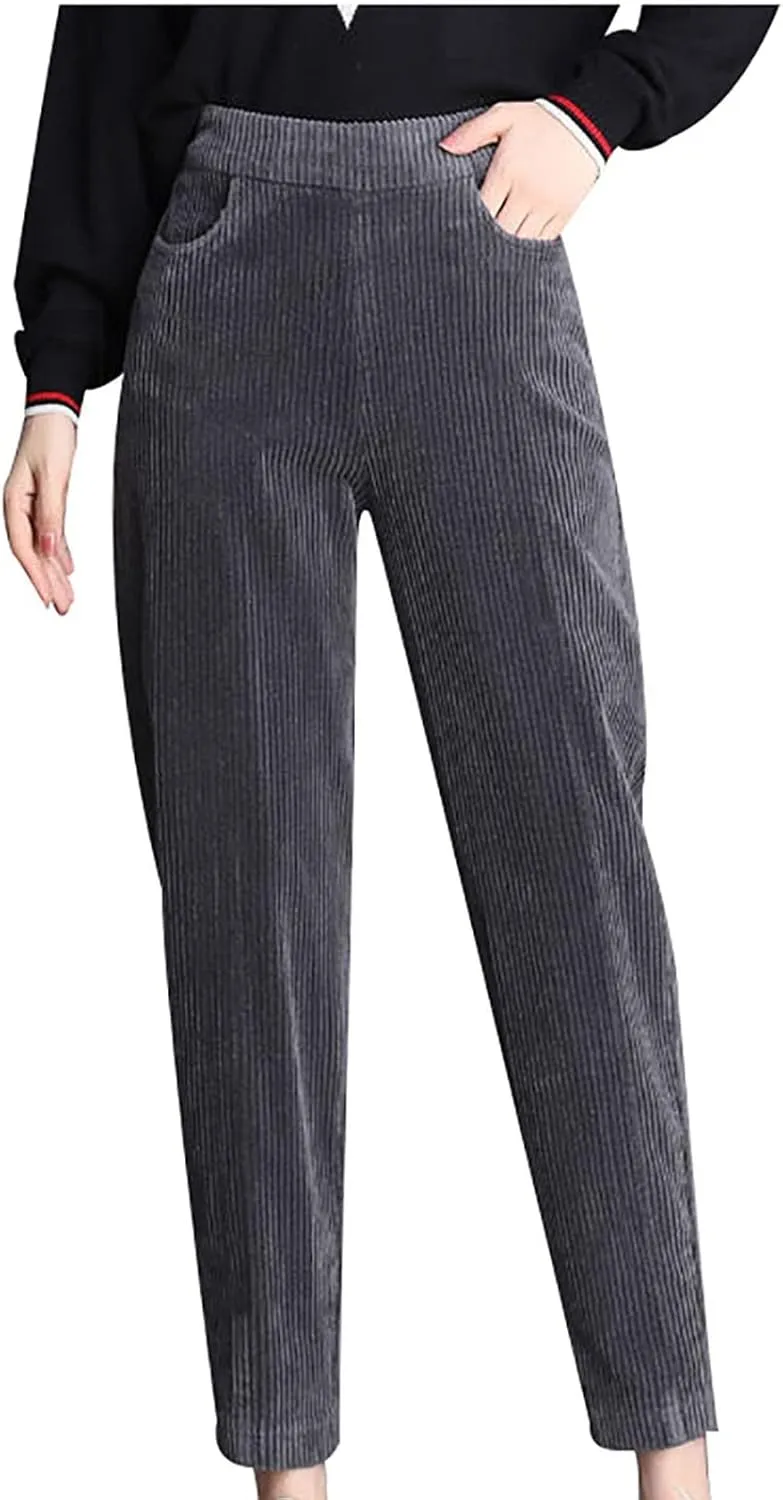Women Fleece Lined Corduroy Pants High Waist Warm Thick Plush Winter Sweatpants Soft Comfy Slim Fit Long Trousers