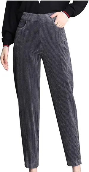 Women Fleece Lined Corduroy Pants High Waist Warm Thick Plush Winter Sweatpants Soft Comfy Slim Fit Long Trousers