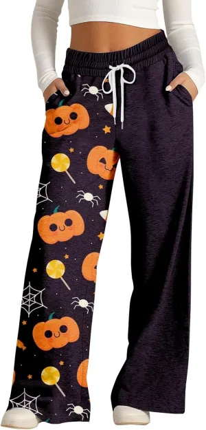 Women Halloween Trendy Sweatpants for Wide Leg Joggers Elastic High Waist Pants with Pockets Fall Fashion Outfits