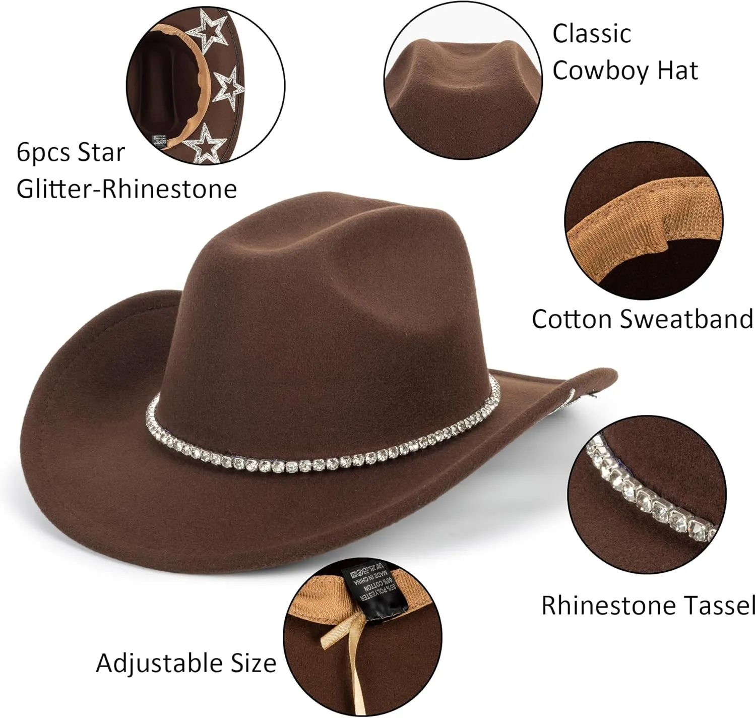Women-Men Classic-Retro Western-Cowboy-Hat Wide-Brim Felt-Cowgirl-Hat with Gus-Crown Carved-Buckle-Belt Medium
